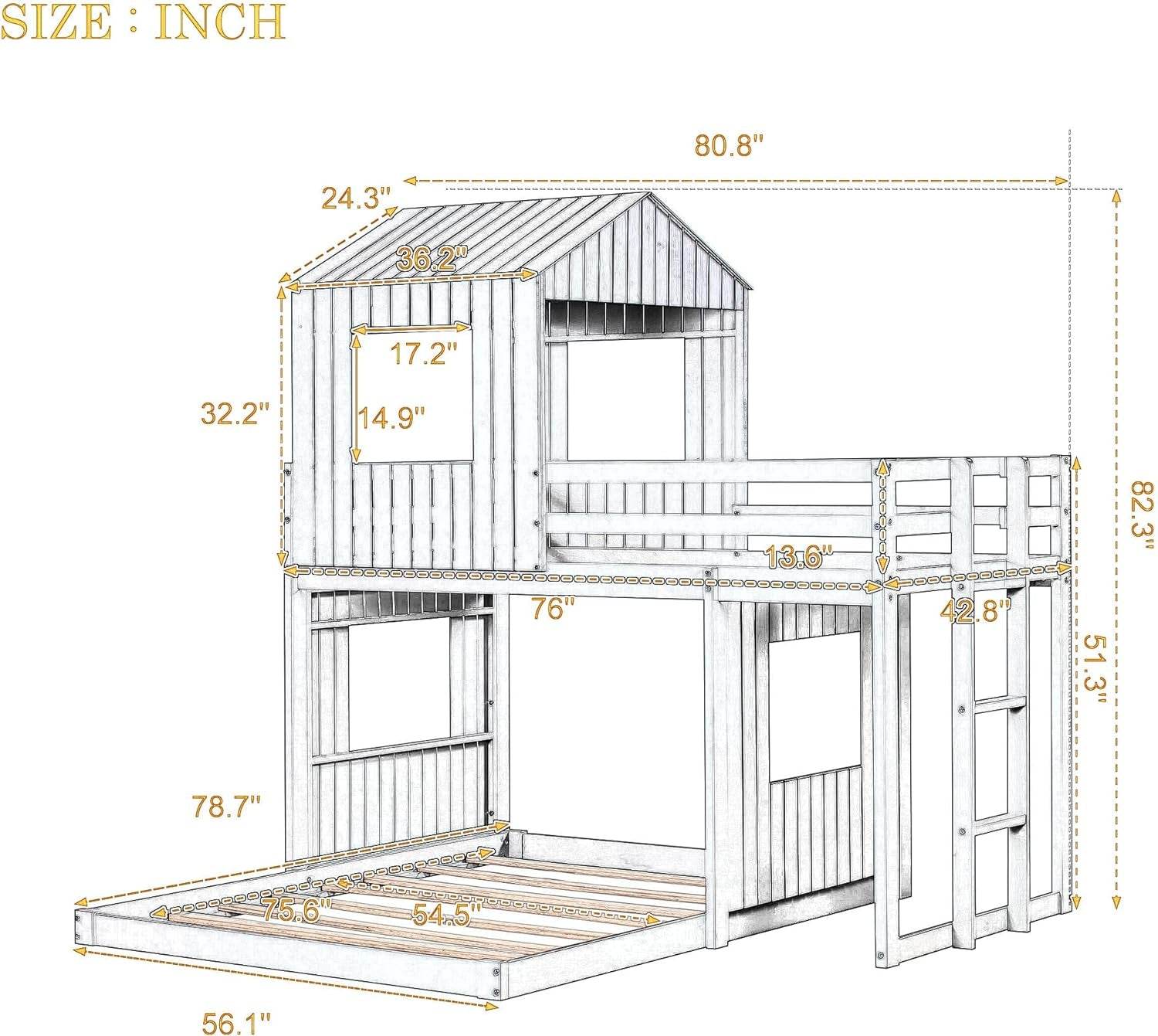 House Bunk Beds, Twin over Full Bunk Bed Wood Playhouse Bunkbed Low Bed Frame for Kids Toddlers Girls/Boys, White - Loft&Timber