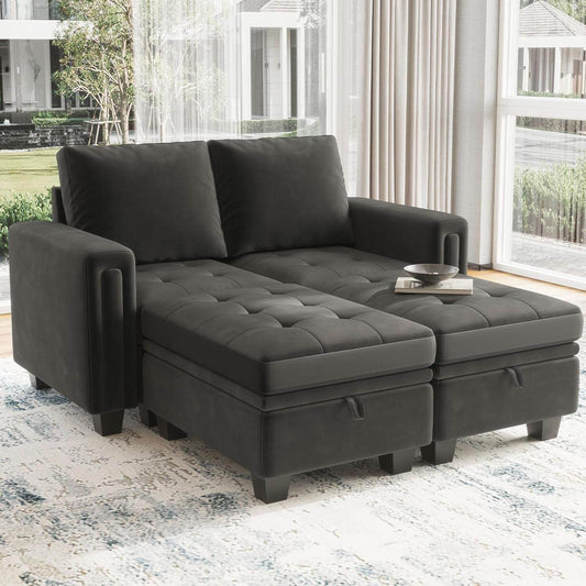 Velvet Modular Sectional Sofa Couch with Storage Convertible Sectional Sleeper Sofa Couch Bed Set with Reversible Chaise Grey - Loft&Timber