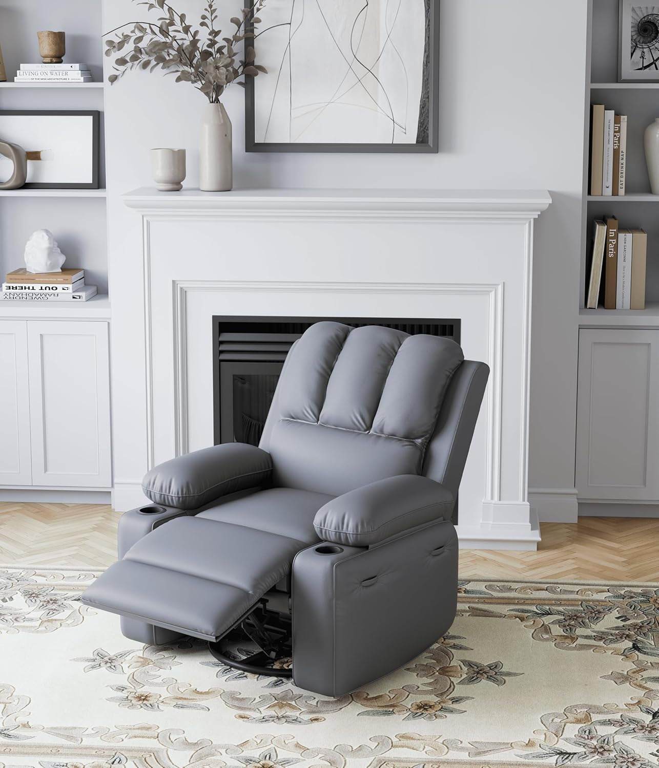 Leather Recliner Chair, Manual Recliner W/Comfortable Arms and Cup Holders for Living Room CF8011 - Gray, Medium - Loft&Timber