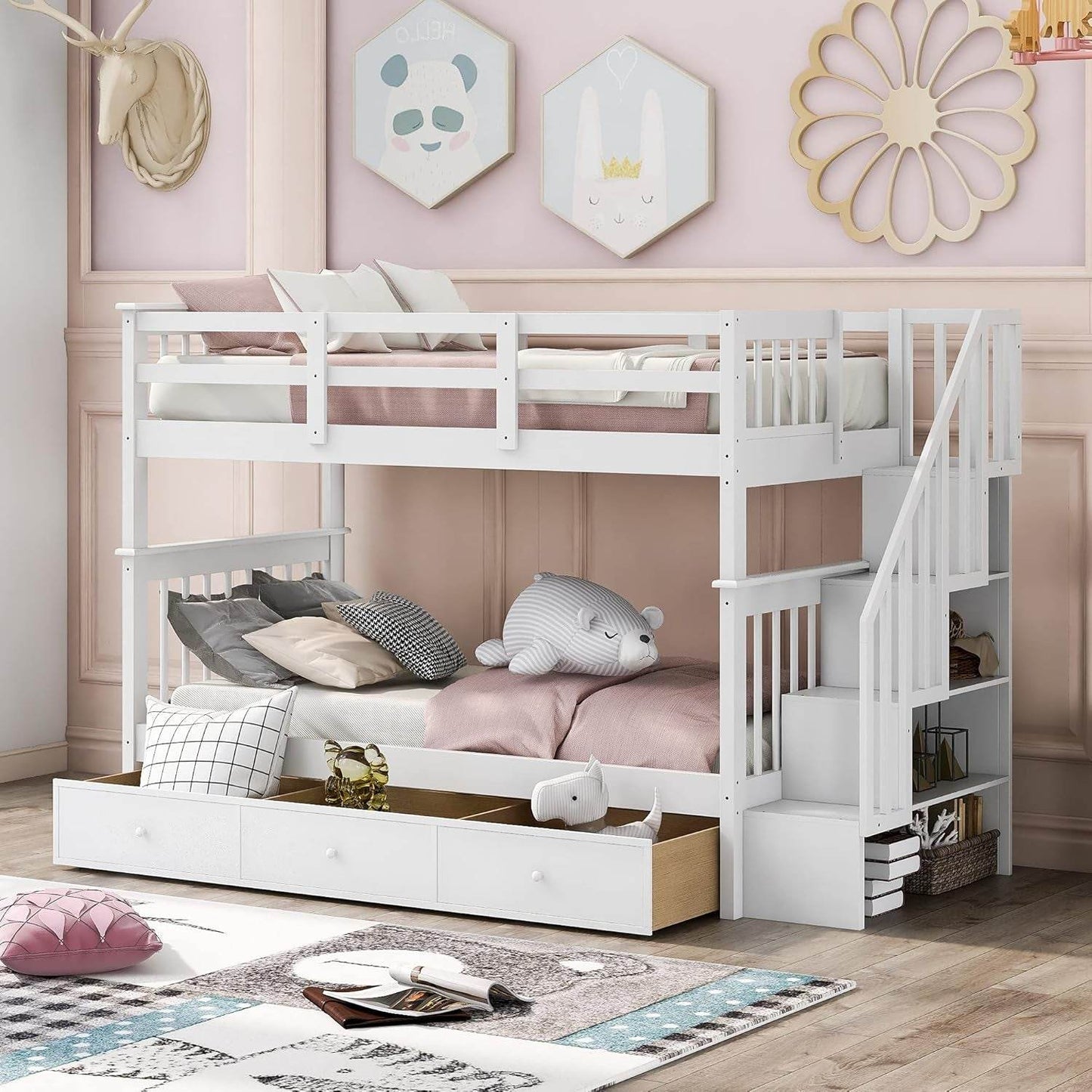 Twin over Twin Bunk Bed with Stairs and Guard Rail, Twin Size Bunk Beds with Storage Drawers,Wooden Bunk Bed Frame for Bedroom, Dorm, Kids, Teens, Adults,White - Loft&Timber