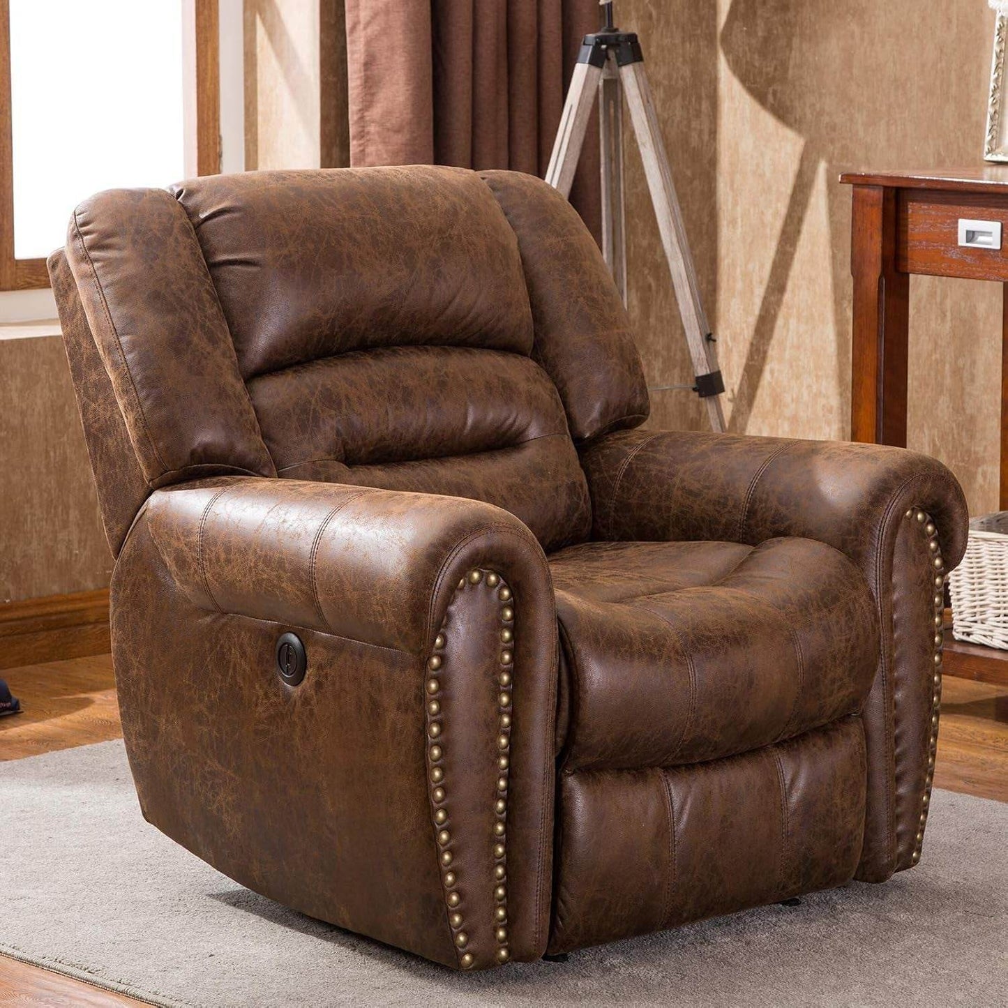 Electric Recliner Chair W/Breathable Bonded Leather, Classic Single Sofa Home Theater Recliner Seating W/USB Port (Nut Brown) - Loft&Timber