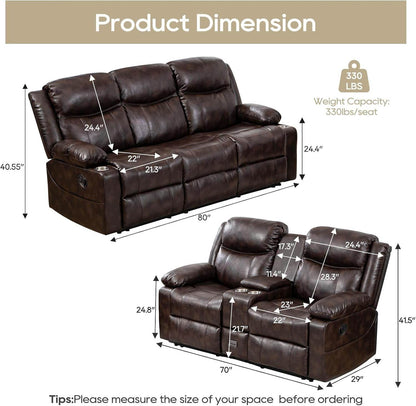 Recliner Sofa Set - Reclining Sofa Couch Set, 2 Pieces Recliner Furniture Sofa Set, 3-Seater Reclining Sofa & 2-Seater Reclining Loveseat with Massage & Heat for Living Room (Brown) - Loft&Timber