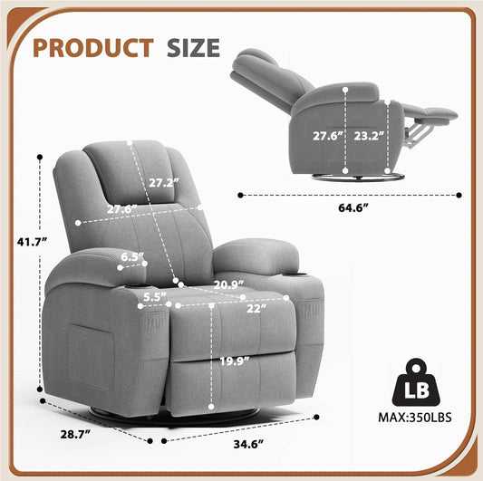 Gray Fabric Swivel Rocker Recliner With Vibration Massage - Loft&Timber