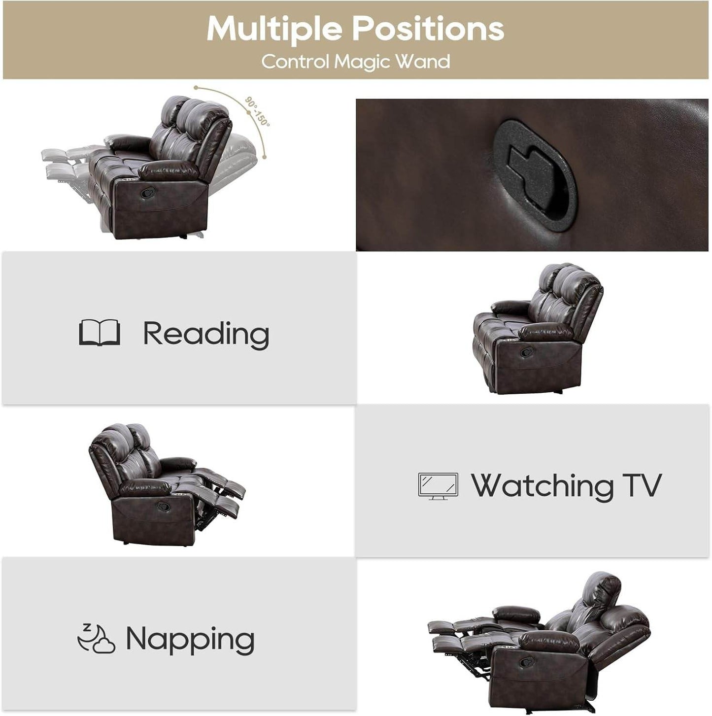 Recliner Sofa Set - Reclining Sofa Couch Set, 2 Pieces Recliner Furniture Sofa Set, 3-Seater Reclining Sofa & 2-Seater Reclining Loveseat with Massage & Heat for Living Room (Brown) - Loft&Timber