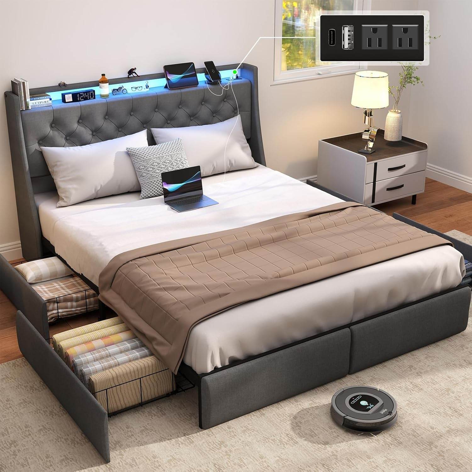 Queen Bed Frame with Storage Headboard and 4 Drawer, Metal Platform Bed Frame Queen Size with in Gray - Loft&Timber