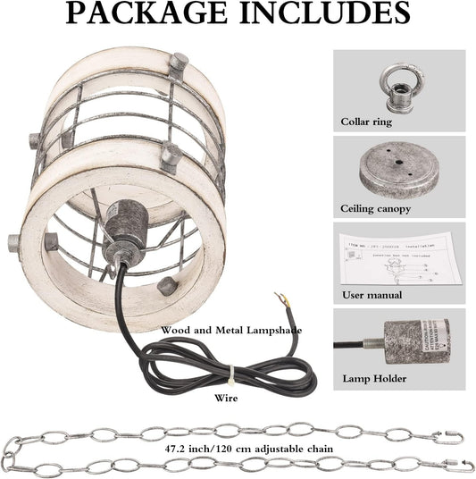 Retro Industrial Metal and Wood Chandelier 1-Light round Cage Pendant Light Fixture for Kitchen Island Foyer Hallway Bar Dining Room Restaurant, D 7.9" X H 8.7" (White) - Loft&Timber