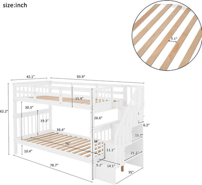 Twin over Twin Bunk Bed with Stairs, Solid Wood Bunk Bed Frame with Storage for Kids Teens Adults Bedroom Dorm - White - Loft&Timber