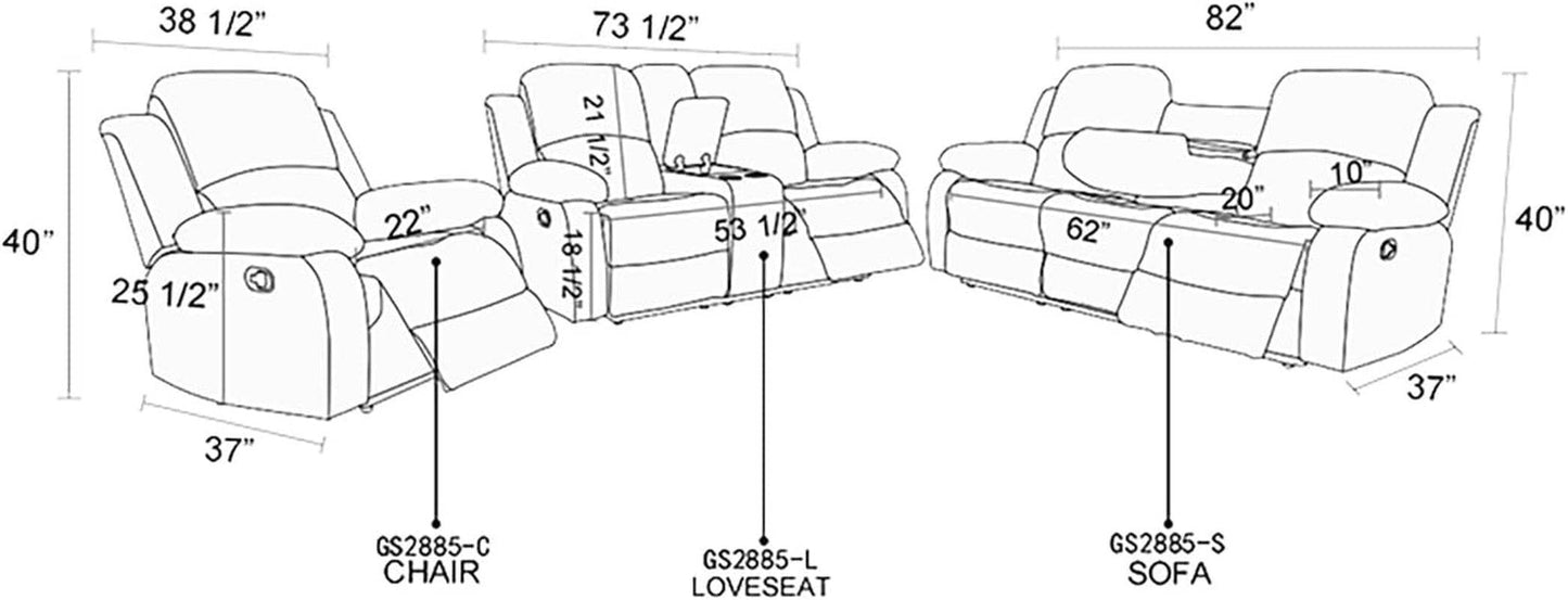 Recliner Sofa Set Living Room Furniture, Flannel Fabric Reclining Sofa Set, Recliner Couch Set with Cup Holders and Storage Console, Dark Grey - Loft&Timber