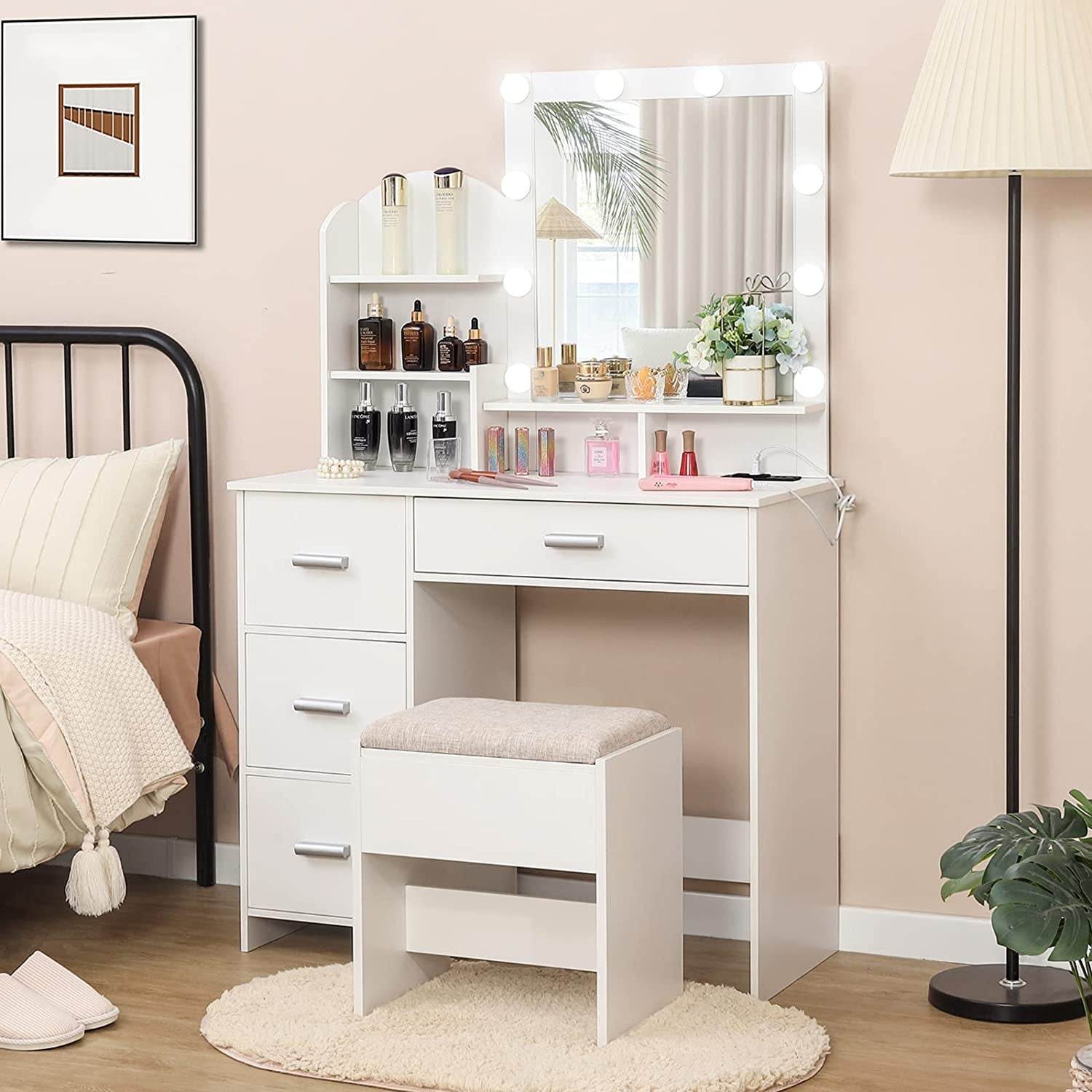 White Vanity Desk with Lighted Mirror and Charging Station - Loft&Timber