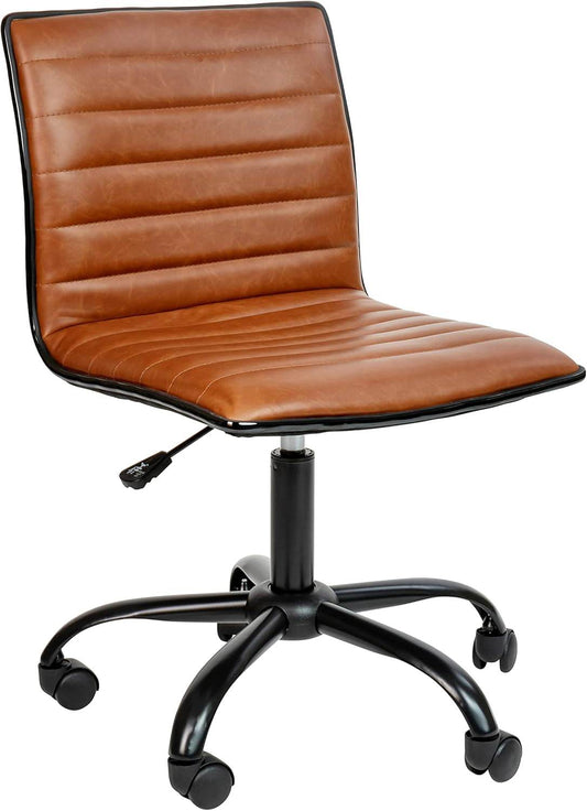 Alan Low-Back Ribbed Upholstered Vinyl Swivel Desk Chair with Padded Seat in Brown - Loft&Timber