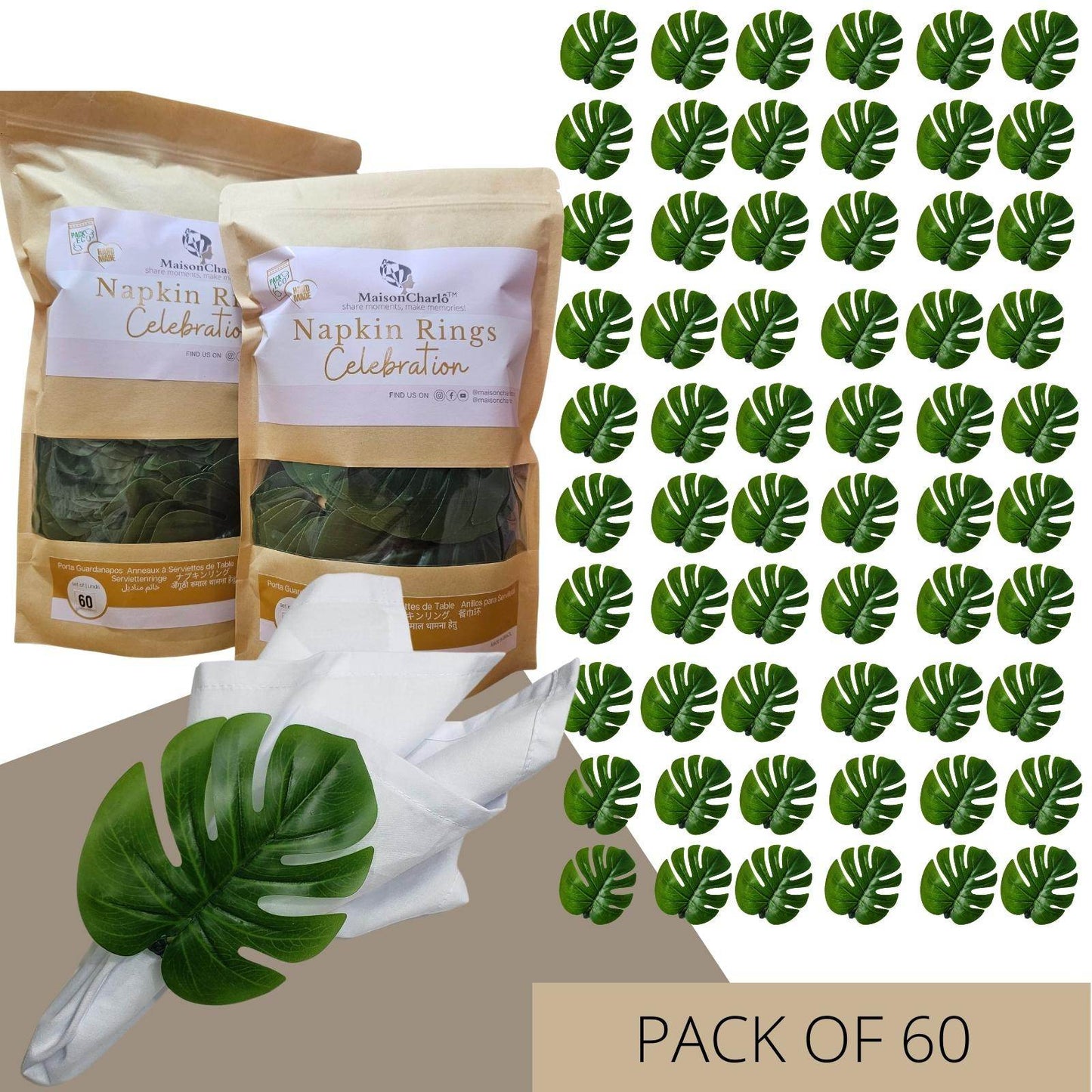 Maison Charlô | Wholesale Set 30 or 60 Green Monstera Leaf Napkin Rings Ecofriendly Pack - Loft&Timber