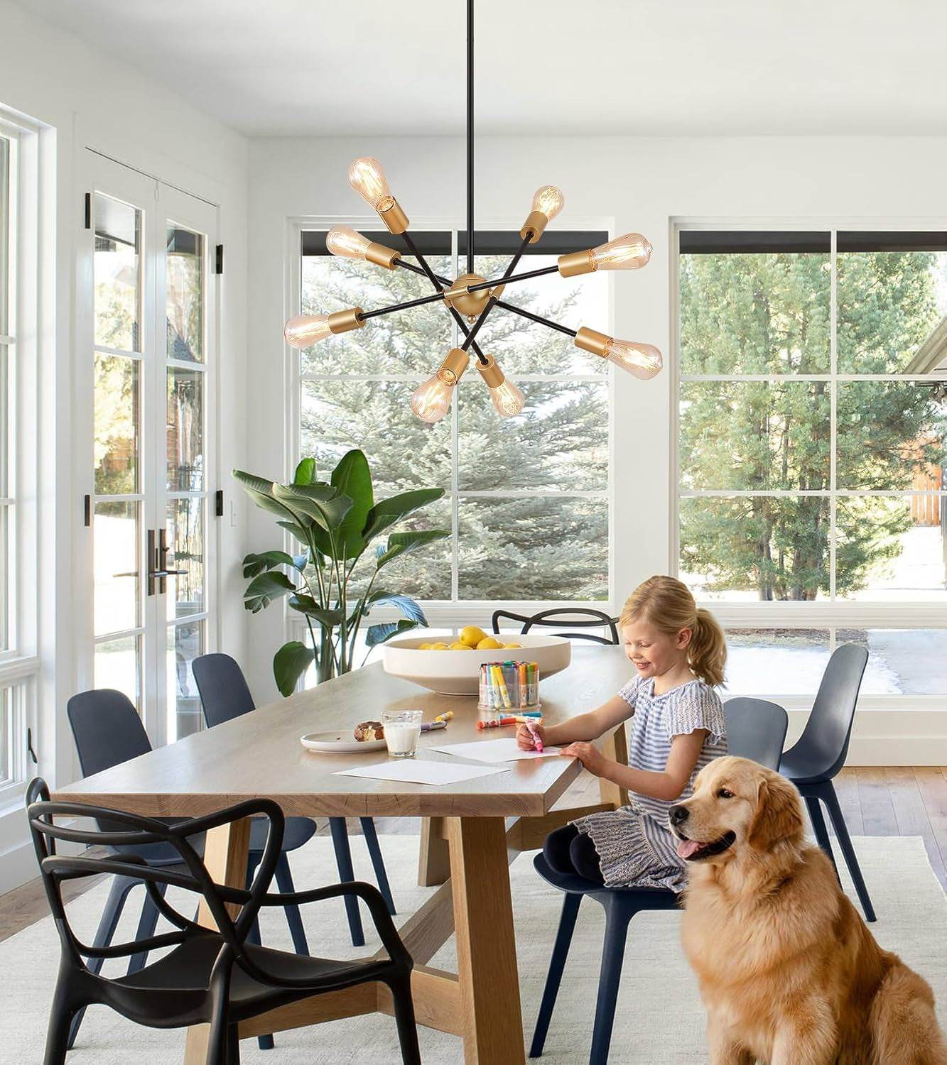 8 Lights Dining Room Light Fixtures Modern Sputnik Chandelier Black and Gold Mid Century Pendant Light for Kitchen Island Entryway Foyer Living Room UL Listed - Loft&Timber