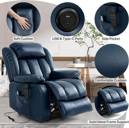 Dual Motor Large Power Lift Recliner Chair Recliners for Elderly, Infinite Position Recliner Chair with Heat and Massage, Breathable Leather(Dark Blue) - Loft&Timber