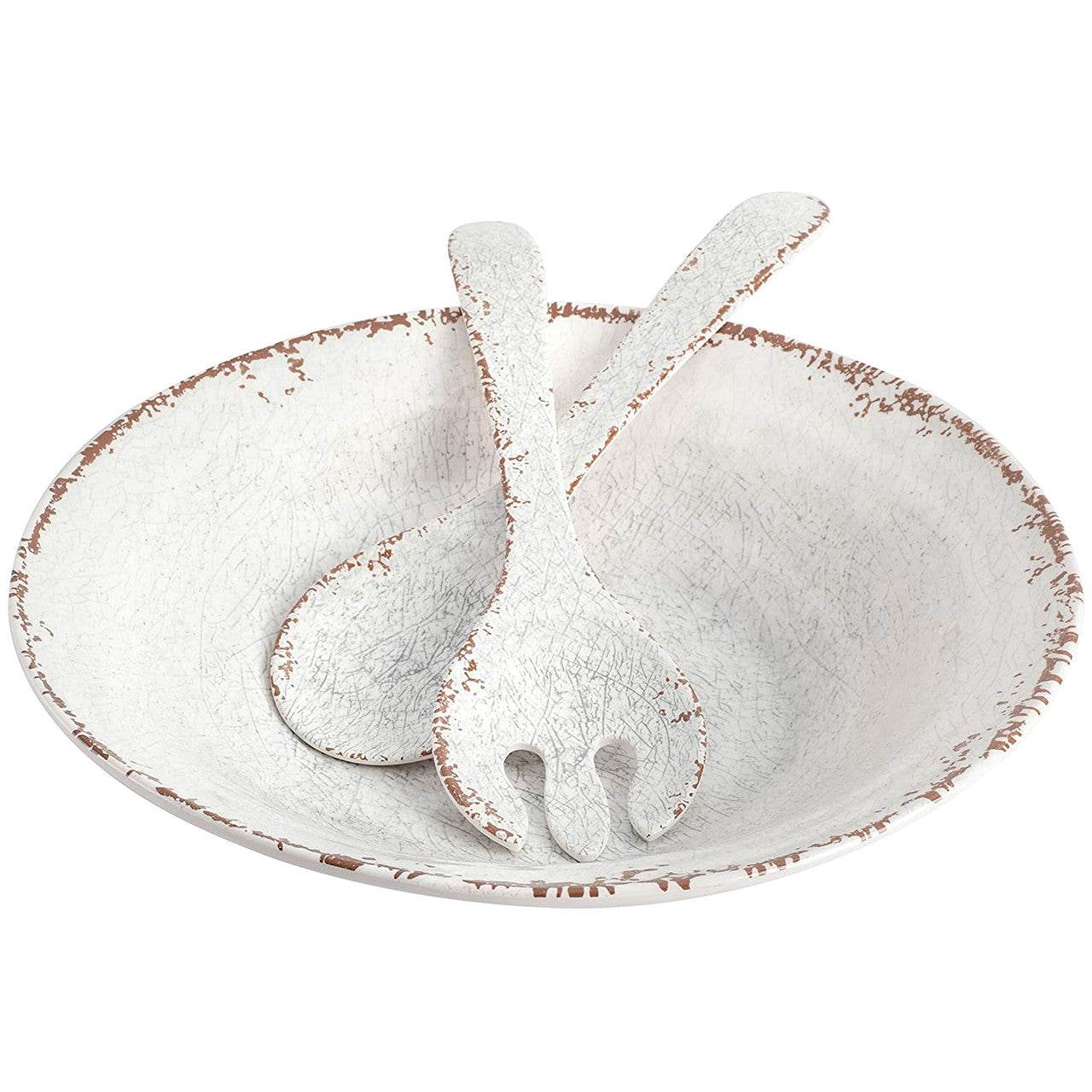 Laurie Gates Mauna 3 Piece Melamine Serving Bowl Set in White with Serving Utensils - Loft&Timber