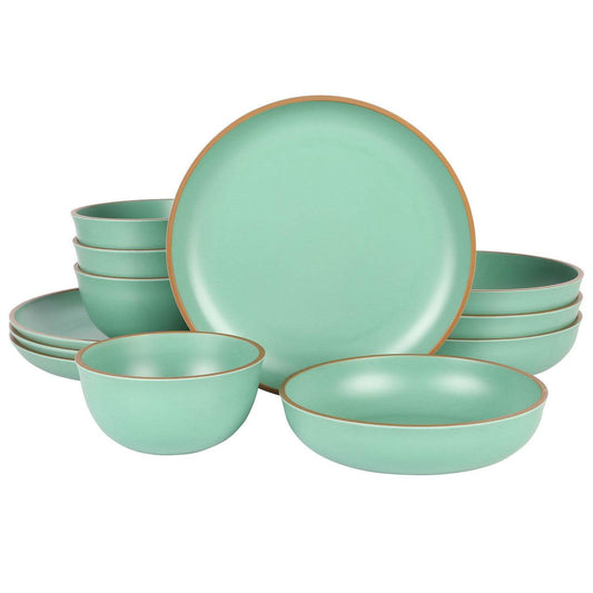 Gibson Home Rockabye 12 Piece Double Bowl Melamine Dinnerware Set in Green - Loft&Timber