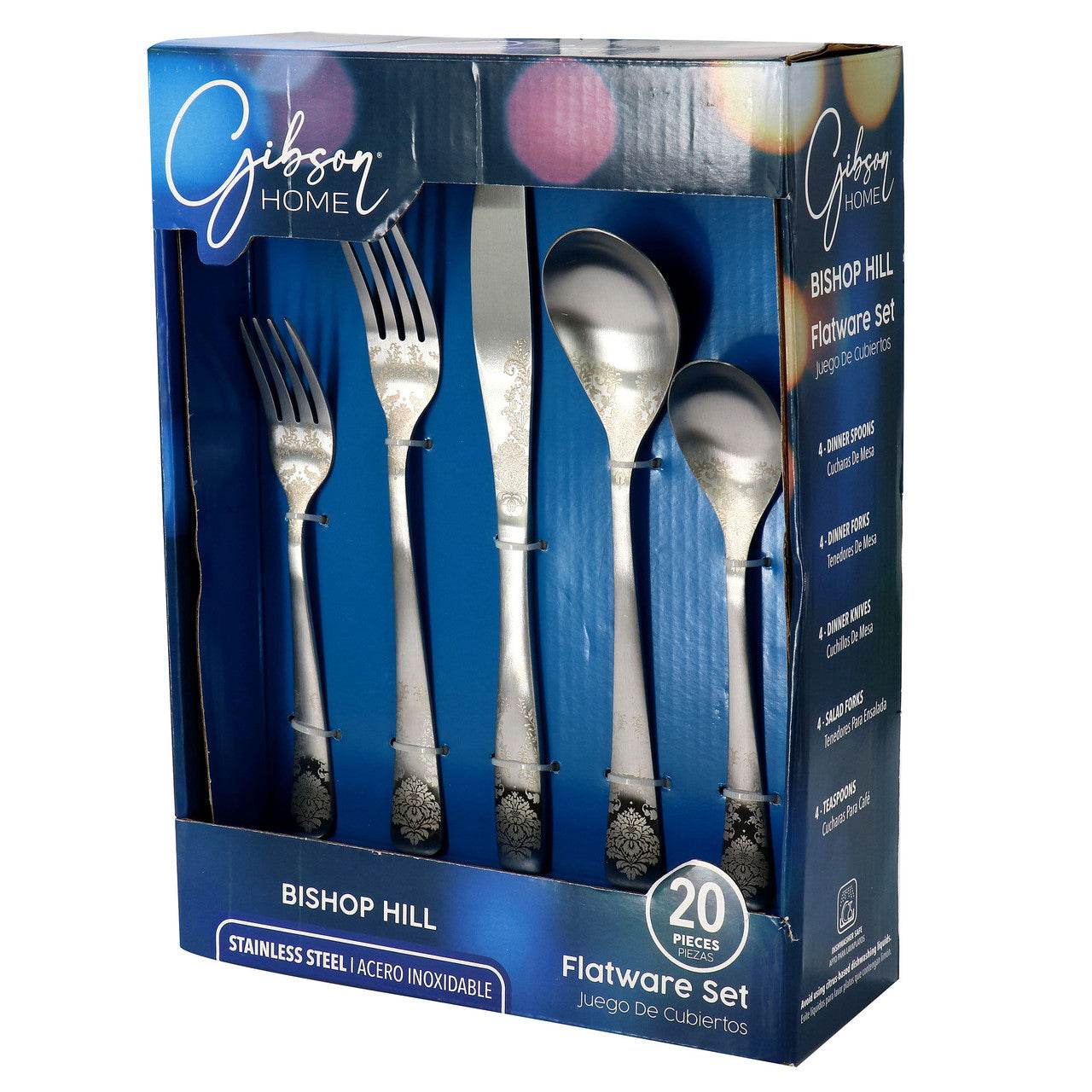 Gibson Home Bishop Hill 20 Piece Stainless Steel Floral Flatware Set in Matte Silver - Loft&Timber