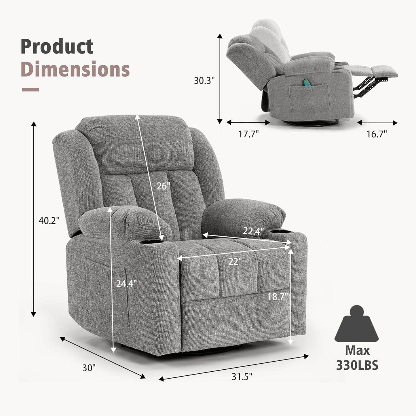 Rocker Swivel Recliner Chair, Overstuffed Large (Lime Gray) - Loft&Timber