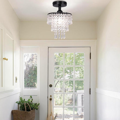 Small Crystal Chandelier Flush Mount Ceiling Light 3 Tiers Raindrops Crystal Chandeliers for Bedroom Hallway Foyer Living Room Entryway Closet,Black-3
