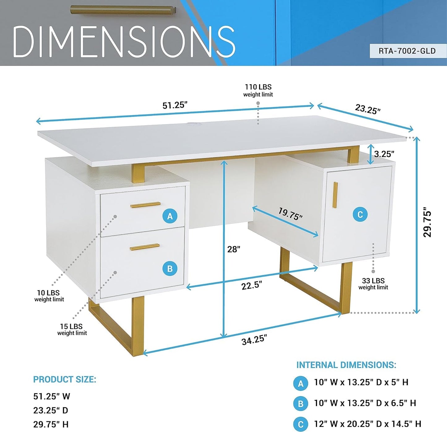 51" White Gold Desk with Storage Cabinet - Loft&Timber