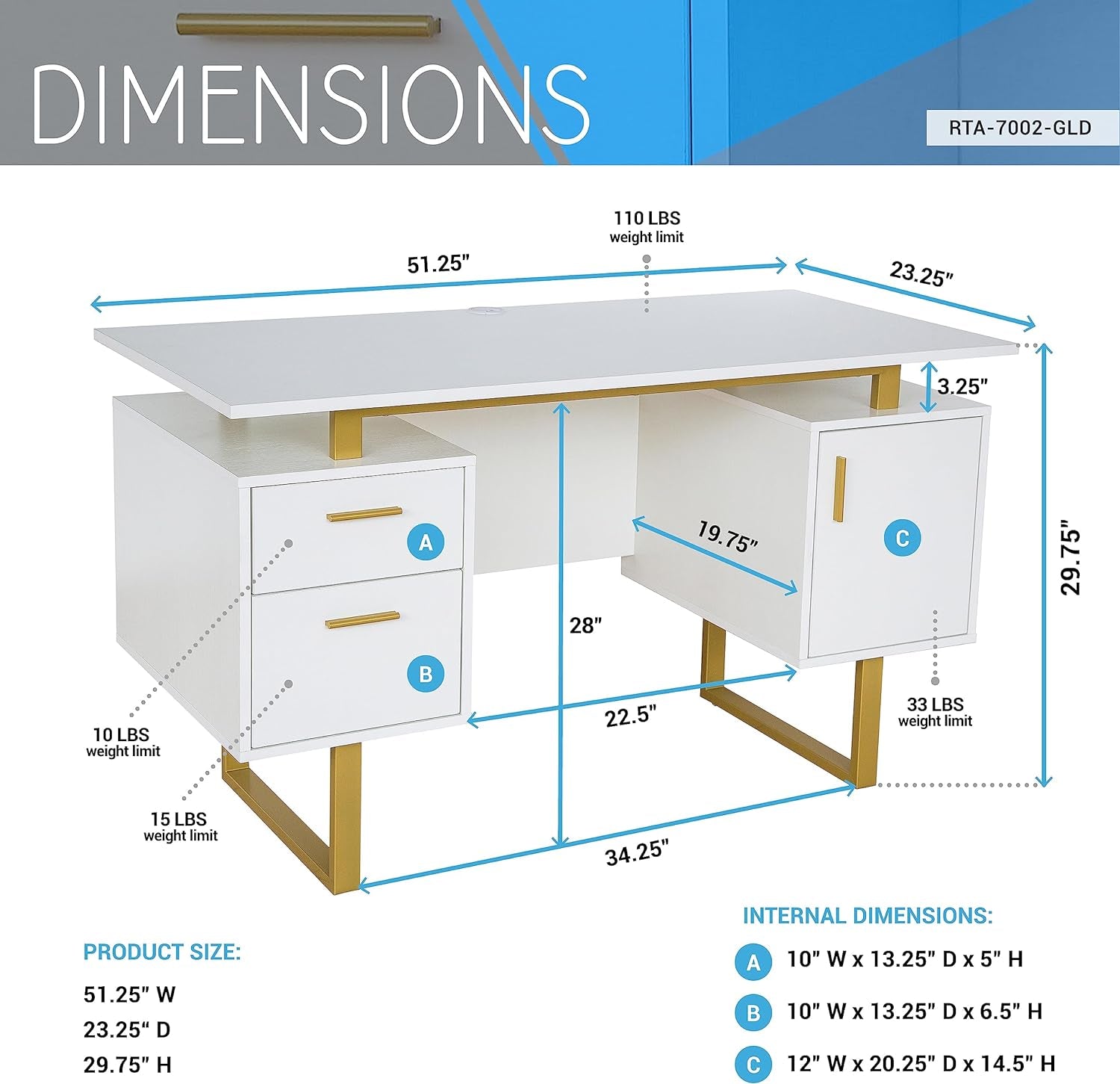 51" White Gold Desk with Storage Cabinet - Loft&Timber