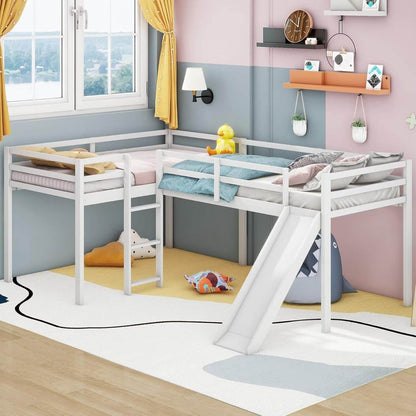 Wooden Twin Size Double Loft Bed with Slide and Ladder, L-Shaped Bed Frame with Full-Length Guardrail, Wood Bedframe for Kids Teens Adults Bedroom, 2 Twin Beds,White - Loft&Timber
