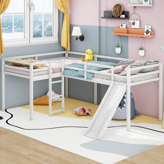 Wooden Twin Size Double Loft Bed with Slide and Ladder, L-Shaped Bed Frame with Full-Length Guardrail, Wood Bedframe for Kids Teens Adults Bedroom, 2 Twin Beds,White - Loft&Timber