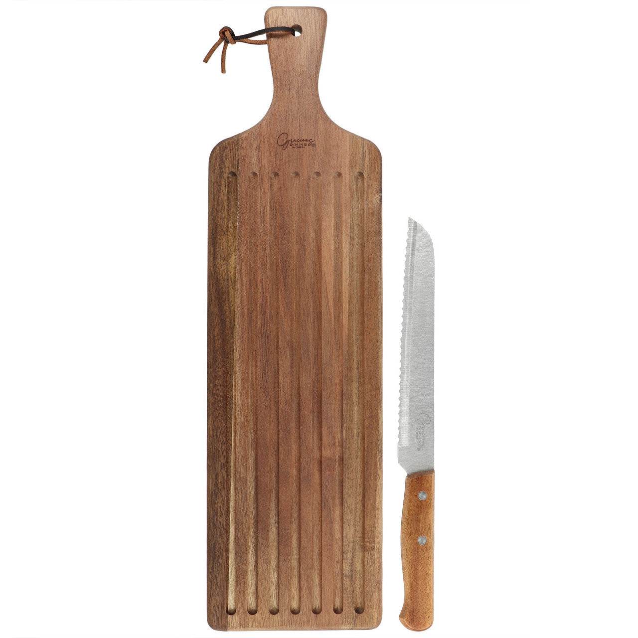 Gibson Elite 2 Piece Acacia Wood Serving Board and Bread Knife Set in Brown - Loft&Timber