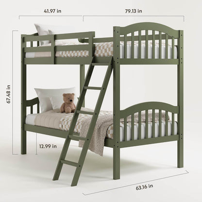Long Horn Twin-Over-Twin Bunk Bed (Olive) - GREENGUARD Gold Certified, Converts to 2 Individual Twin Beds - Loft&Timber