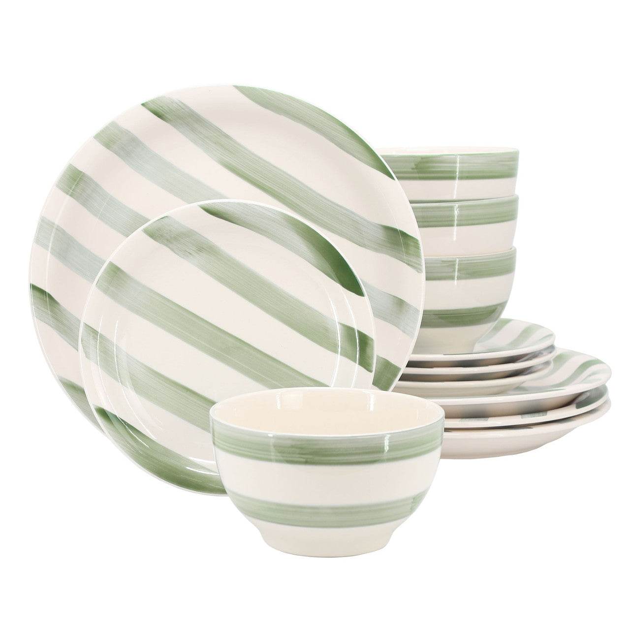 Gibson Home Kenwood Shores 12 Piece Stoneware Dinnerware Set in Green Stripe - Loft&Timber