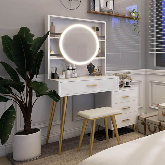 White Vanity Desk with Mirror and Lights, 5 Drawers - Loft&Timber