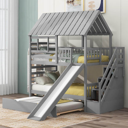 Kids Twin over Twin Bunk Beds with Slide and Trundle, Solid Wood Bunk Bed Frame with Stairs and Storage, Playhouse Bunk Bed with Roof and Window for Kids, Teens, Girls & Boys (Gray) - Loft&Timber