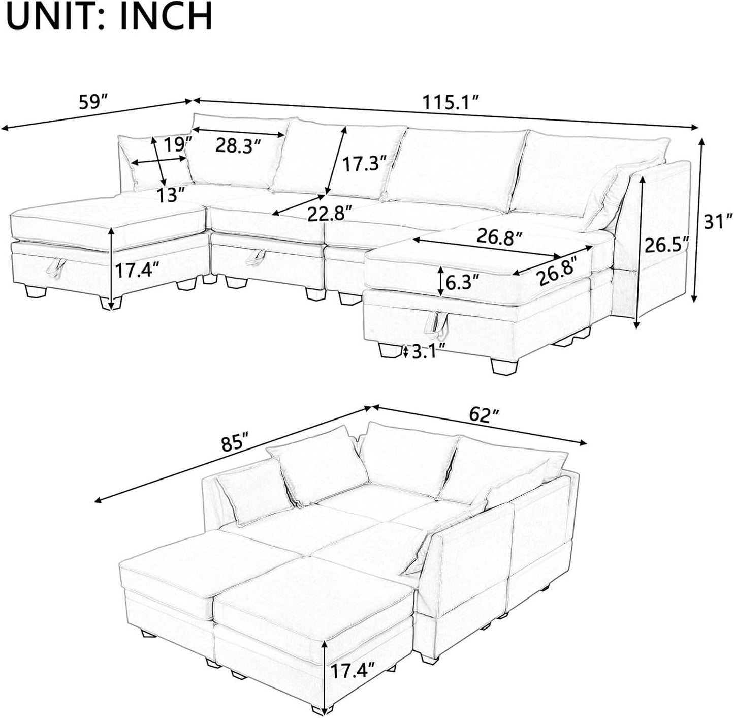 Large U-Shaped Combination Corner Sofa with Storage Seat in Light Green - Loft&Timber