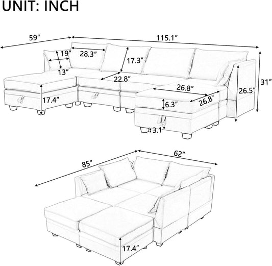 Large U-Shaped Combination Corner Sofa with Storage Seat in Light Green - Loft&Timber