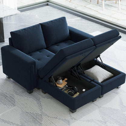 Velvet Modular Sectional Sofa Couch with Storage Convertible Sectional Sleeper Sofa Couch Bed Set with Reversible Chaise Blue - Loft&Timber