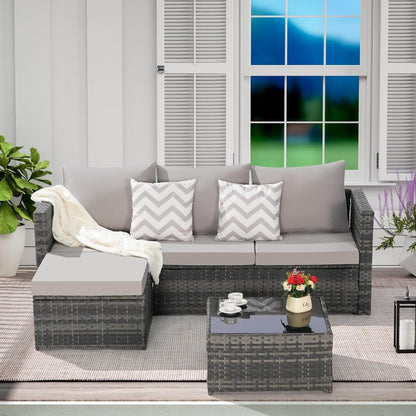 3 Pieces Patio Furniture Set All-Weather Outdoor Wicker Sectional Conversation Sofa Rattan Patio Sofa W/Cushion & Glass Table,Patio Conversation Set,Backyard Furniture for Porch (Light Gray) - Loft&Timber