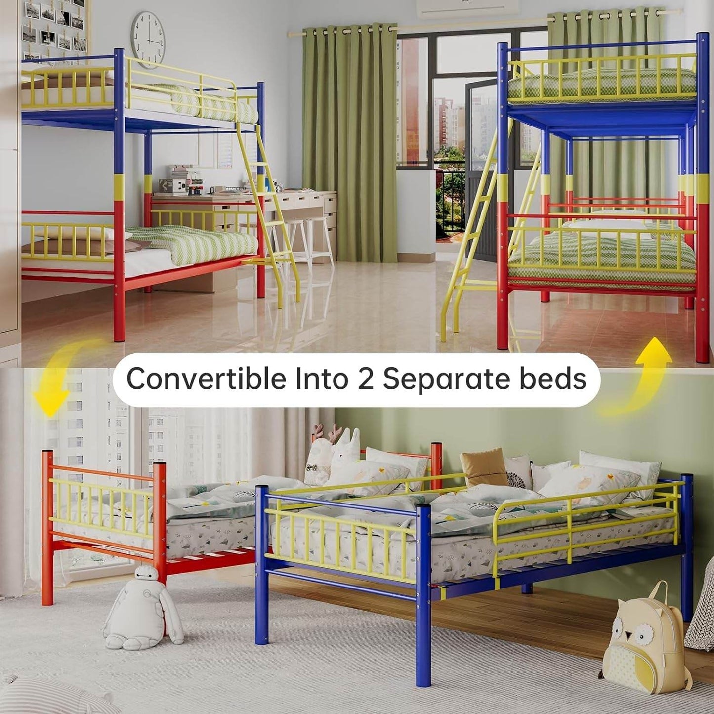 Metal Bunk Bed Twin over Twin,Twin over Full Bunk Bed,Bunk Bed Full over Full,Twin Bunk Beds for Kids with Safety Guardrail and Convertible Bunk Bed Design,Steel Bed for School, Bedroom - Loft&Timber