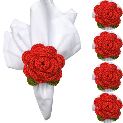 Charlo's Set of 4 Red Crochet Rosebud Napkin Rings, High Quality Products, gifts, - Loft&Timber