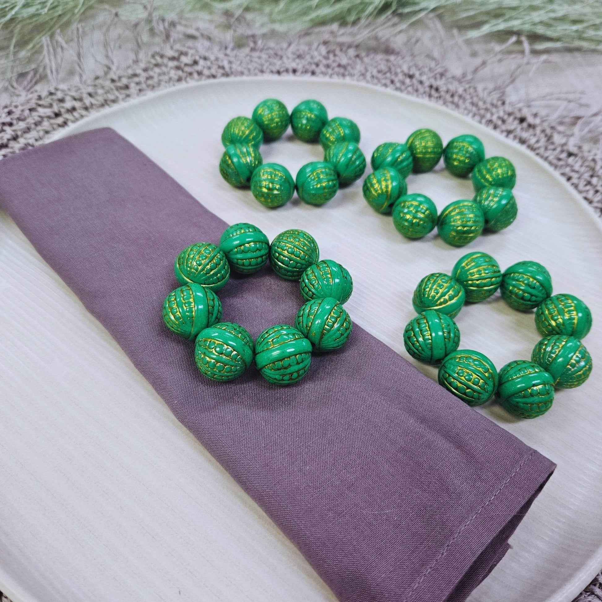 Maison Charlô | Set 4 Green Shine Beaded Napkin Rings | Rustic Napkin Ring | Handmade - Loft&Timber