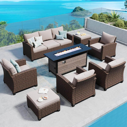 Patio Furniture Set Outdoor Furniture Brown Wicker Rattan Patio Conversation Sets with Cushion outside Sofa Set,7 Pieces with Rectangular Firepit Table,9 Seats,Beige - Loft&Timber