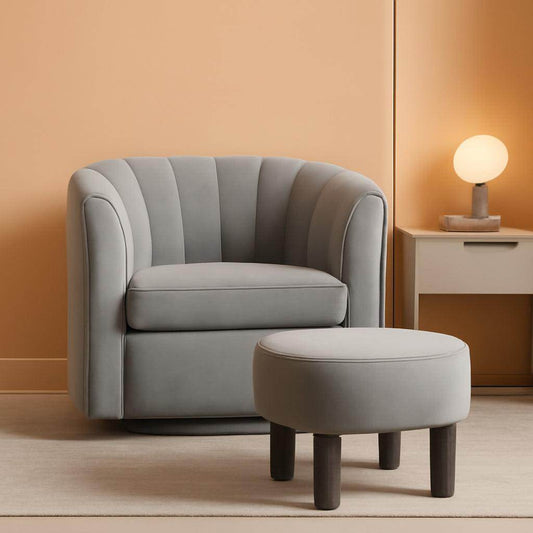 Grey Velvet 360 Swivel Armchair With OttomanFootrest-0