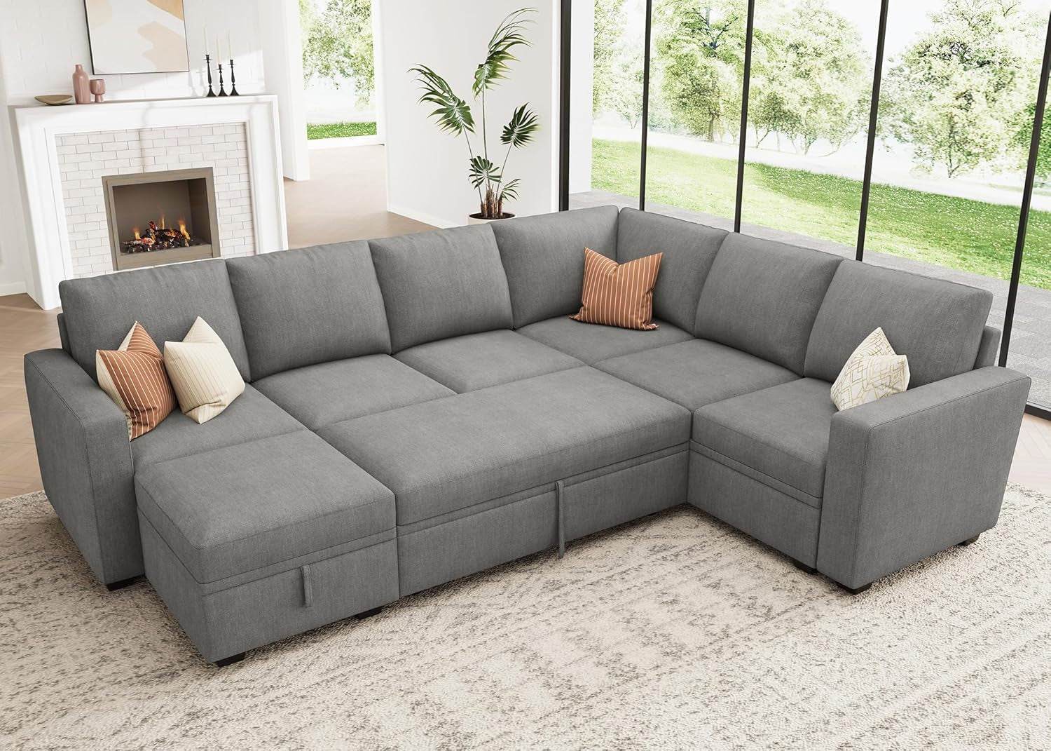 Modular Sectional Sleeper Sofa U-Shaped, Warm Grey - Loft&Timber