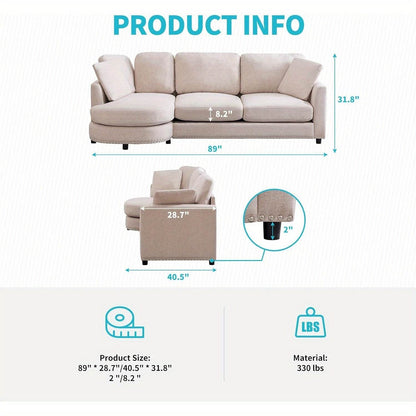 Luxury Cloud Sofa - 3-Seat Modern Linen Fabric Couch with Curved Chaise, 2 Support Throw Pillows - Loft&Timber