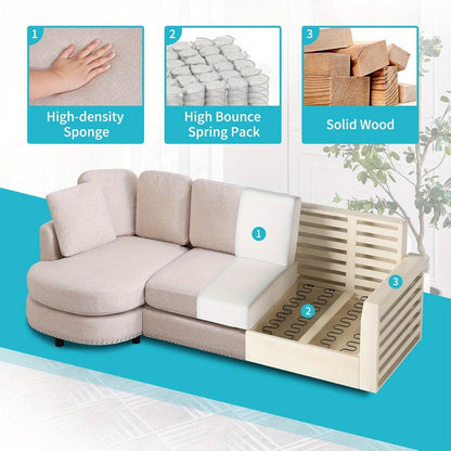 Luxury Cloud Sofa - 3-Seat Modern Linen Fabric Couch with Curved Chaise, 2 Support Throw Pillows - Loft&Timber