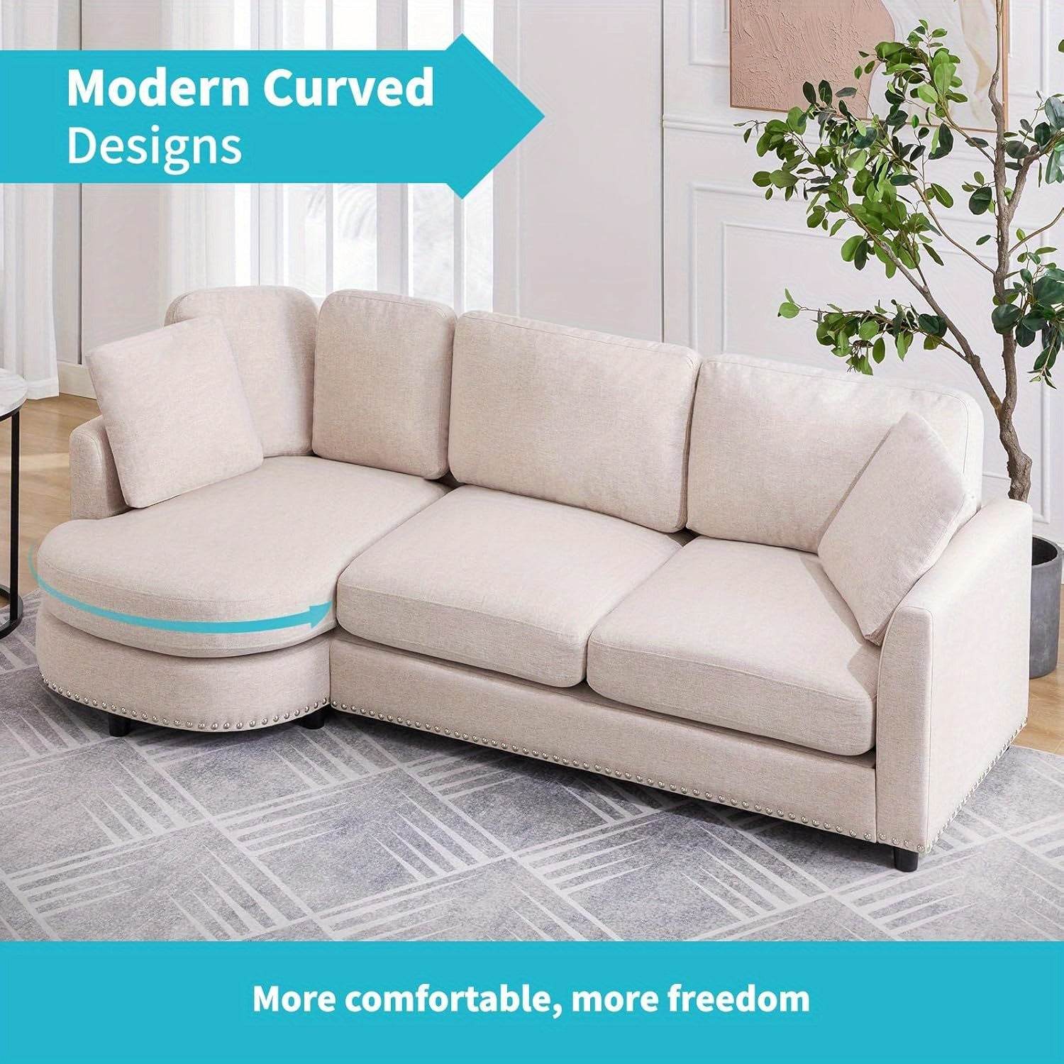 Luxury Cloud Sofa - 3-Seat Modern Linen Fabric Couch with Curved Chaise, 2 Support Throw Pillows - Loft&Timber