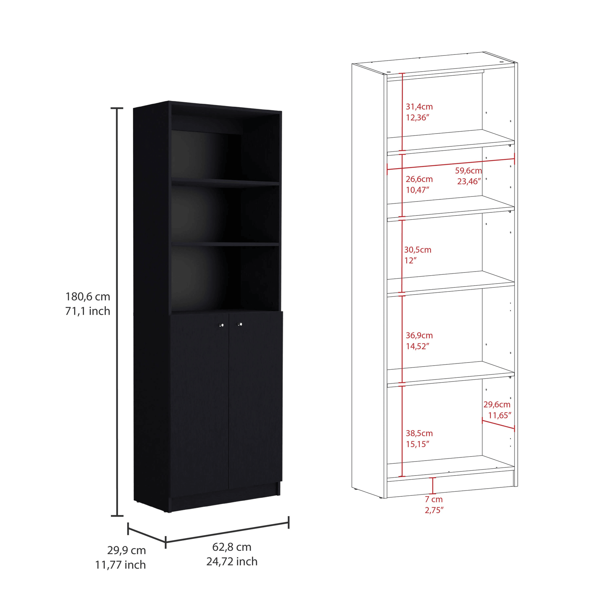 Home 2-Door Bookcase With Open Shelves-3