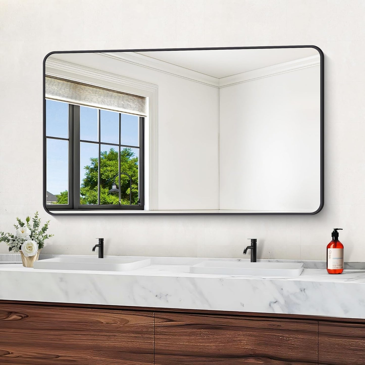 60" X 36"Bathroom Mirror, Matte Black Wall Mirror with Metal Frame, Decorative Rectangular Vanity Mirror for Bedroom Bathroom Living Room Entryway (Horizontal/Vertical)-0
