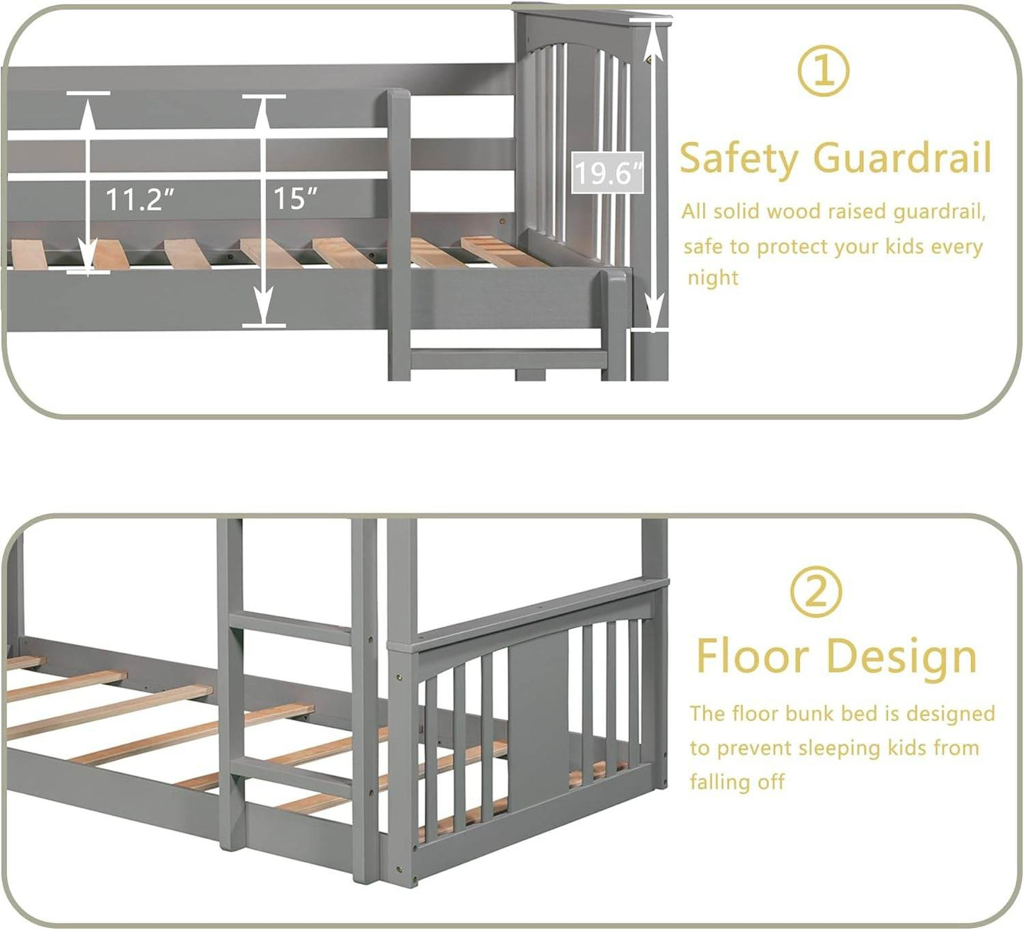 Montessori Floor Bunk Bed Twin over Twin, Twin Bunk Bed with Slide and Ladder, Kids Bunk Beds with Guardrail Headboard and Footboard, Low Bunk Beds for Kids, Boys, Girls, Twin Bunk Bed Gray - Loft&Timber