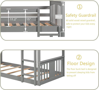 Montessori Floor Bunk Bed Twin over Twin, Twin Bunk Bed with Slide and Ladder, Kids Bunk Beds with Guardrail Headboard and Footboard, Low Bunk Beds for Kids, Boys, Girls, Twin Bunk Bed Gray - Loft&Timber