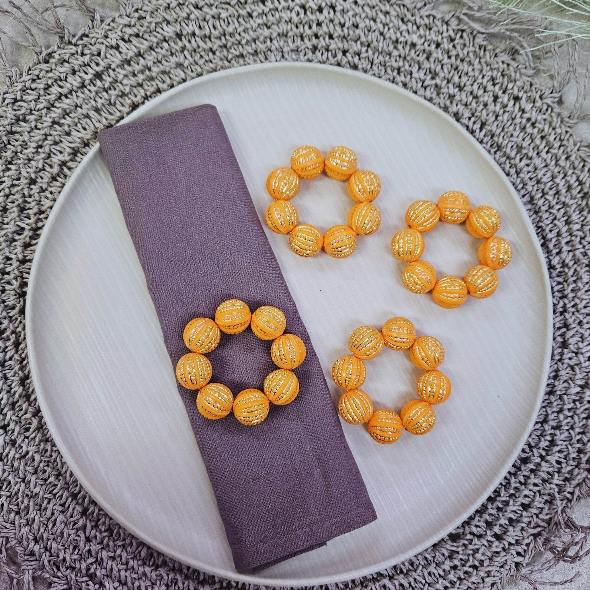 Maison Charlô | Set 4 Orange Shine Beaded Napkin Rings | Rustic Napkin Ring | Handmade - Loft&Timber