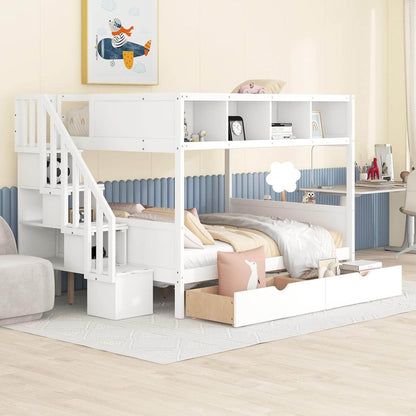 Twin over Full Bunk Bed with Storage Shelves, Stairs, Solid Wood Staiway Bunk Bed Frame with 2 Drawers, for Kids Teens Adults (White) - Loft&Timber